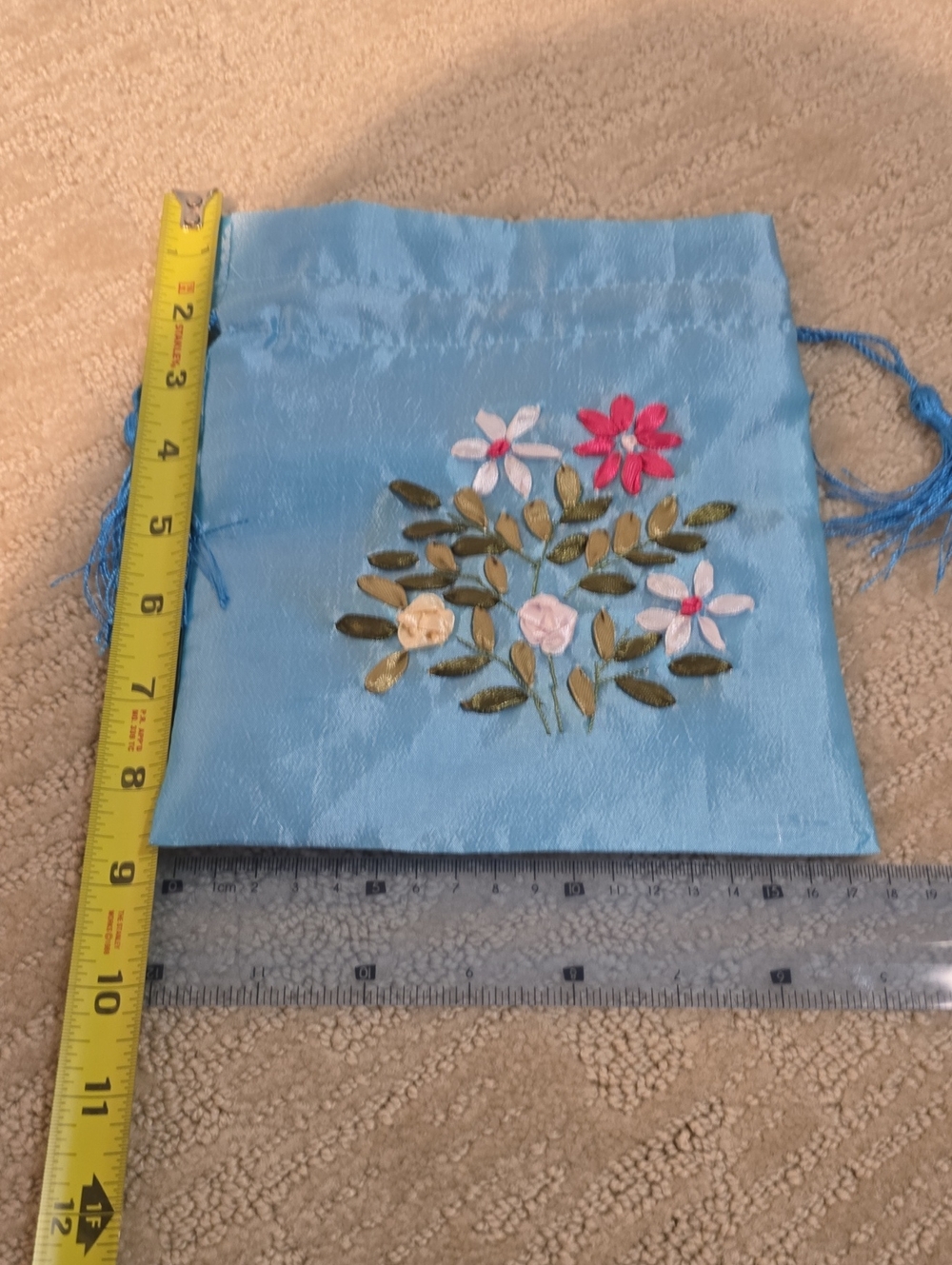 Light Blue Floral Embroidered Drawstring Bag